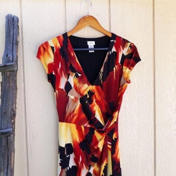 Vtg Cache Fiery Tropical Floral Mock Wrap Dress Stretch Bodycon Cap Sleeve Sz M - Picture 4 of 9